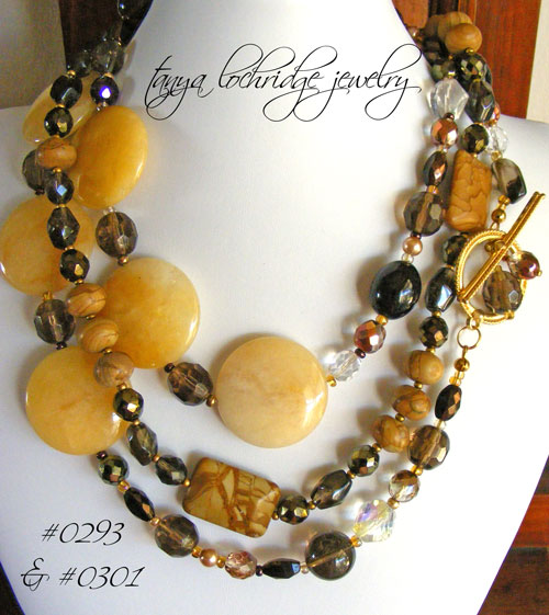 Yellow Jade, Smoky Quartz & Rainbow Hickoryite Necklaces