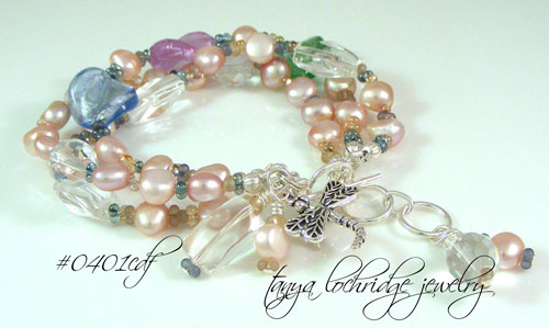Aqua-Lilac Lampwork Glass Freshwater Pearl Bracelet