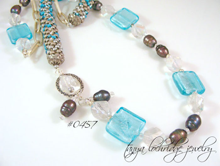 Aqua Lampwork Bead, Pearl & Czech Glass Rope Necklace