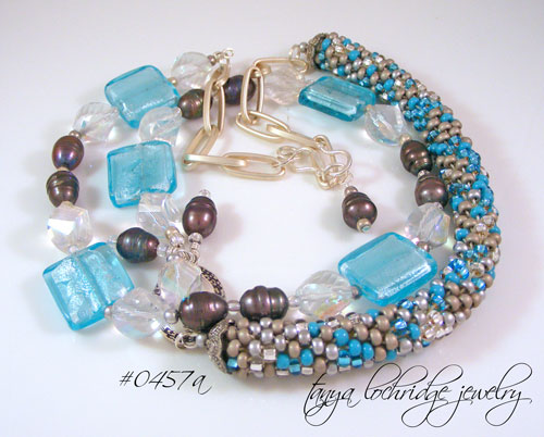 Aqua Lampwork Bead, Pearl & Czech Glass Rope Necklace