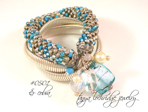 Aqua Lampwork, Crystal Quartz & Czech Glass Soft Bangle