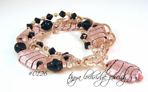 Pink-Black Lampwork Glass Bead Bracelet