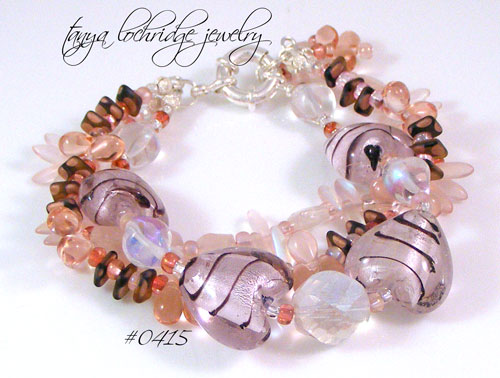Pink & Black Heart Lampwork, Czech Glass & Rose Quartz Bracelet