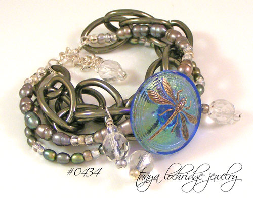 Dragonfly Vintage Glass Button & Freshwater Pearl Gunmetal Bracelet