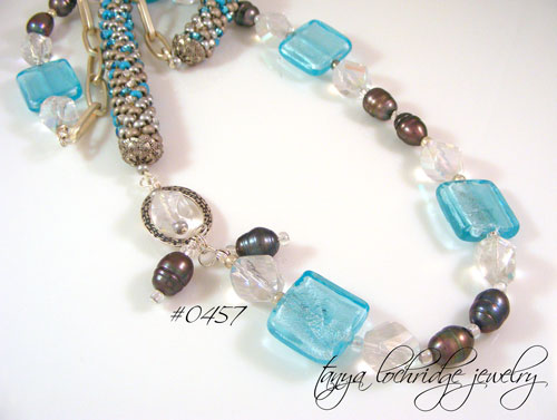 Aqua Lampwork Bead, Freshwater Pearl & Czech Glass Rope Style Necklace