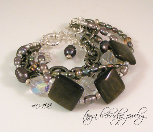 Rainbow Obsidian, Freshwater Pearl & Czech Glass 5-Strand Bracelet