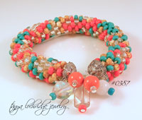 Coral and Turquoise Crystal and Snow Quartz Soft Bangle Bracelet