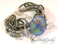 Dragonfly Vintage Glass Button & Freshwater Pearl Gunmetal Bracelet