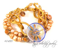 Dragonfly Czech Vintage Button & Freshwater Pearl Bracelet