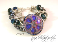 Blue-Gunmetal Vintage Czech Glass Button & Pearl Bracelet