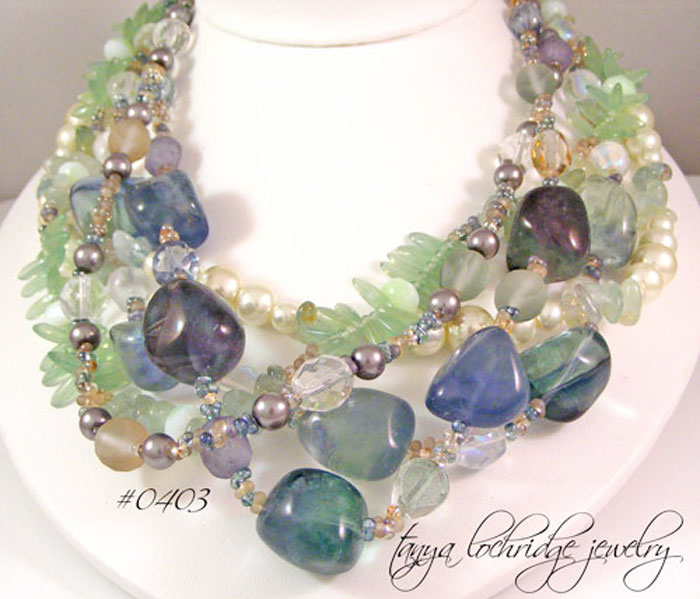 Fluorite & Aquamarine Gemstone Five Strand Necklace