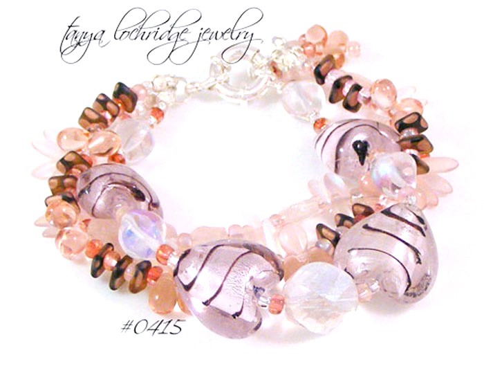 Pink & Black Heart Lampwork, Czech Glass & Rose Quartz Gemstone Bracelet #0415