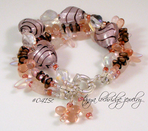 Pink & Black Heart Lampwork, Czech Glass & Rose Quartz Gemstone Bracelet #0415