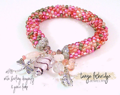 Pink Heart Lampwork, Rose Quartz Gemstone, Czech Glass Bangle #0416