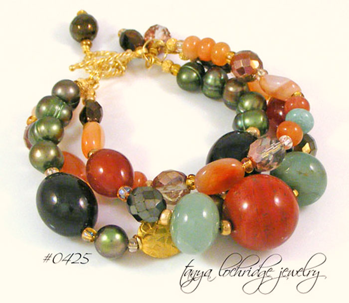 African Opal, Carnelian, Smoky Quartz, Red Poppy Jasper & Aventurine Gemstone Gold Vermeil Bracelet #425