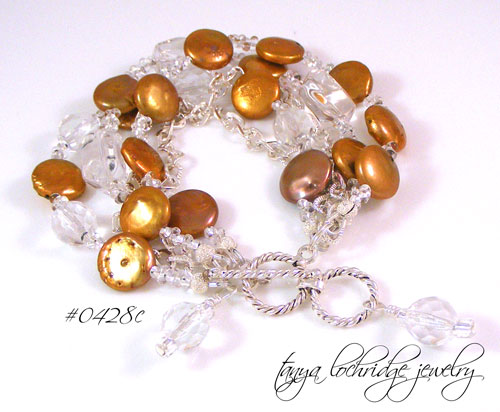 Mocha-Rose Coin Pearl & Crystal Quartz Gemstone Sterling Bracelet #0428