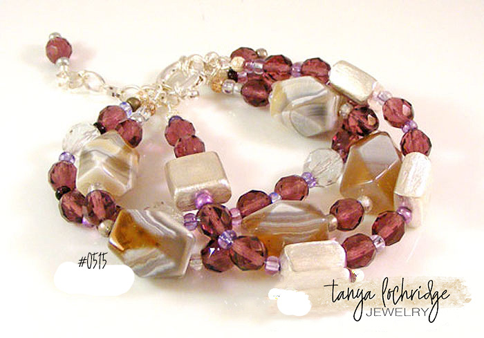 Purple Banded Agate & Czech Glass Three-Strand Bracelet #0515