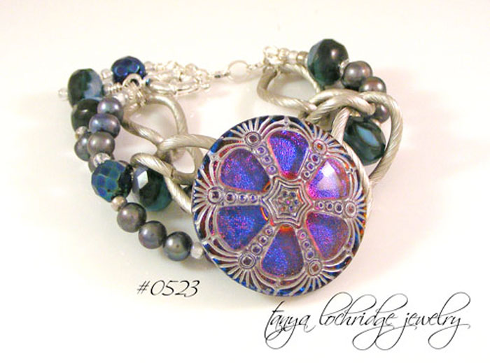 Blue-Gunmetal Vintage Czech Glass Button & Pearl Bracelet #0523