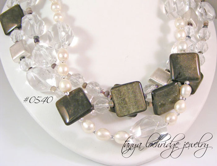 Golden Obsidian, Crystal Quartz Gemstone & Freshwater Pearl Necklace