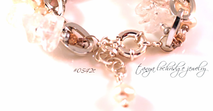 Rhodochrosite, Rough Crystal Quartz Gemstone & Pearl Three-Strand Bracelet