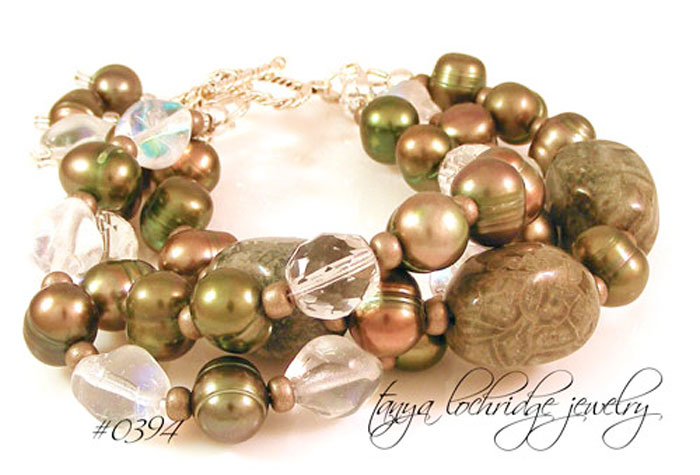 Green Mist Jasper, Pearl, Czech Glass Sterling Silver Bracelet #0394