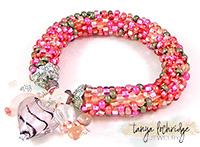 Pink Heart Lampwork, Rose Quartz Gemstone, Czech Glass Bangle #0416