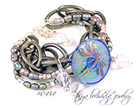 Dragonfly Vintage Glass Button & Pearl Gunmetal Bracelet